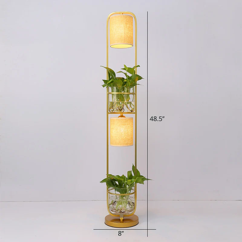 Lampada da terra cilindrica tessuto Lampada da terra moderna 2 teste con vaso per piante vetro con 6 Mesi di Garanzia