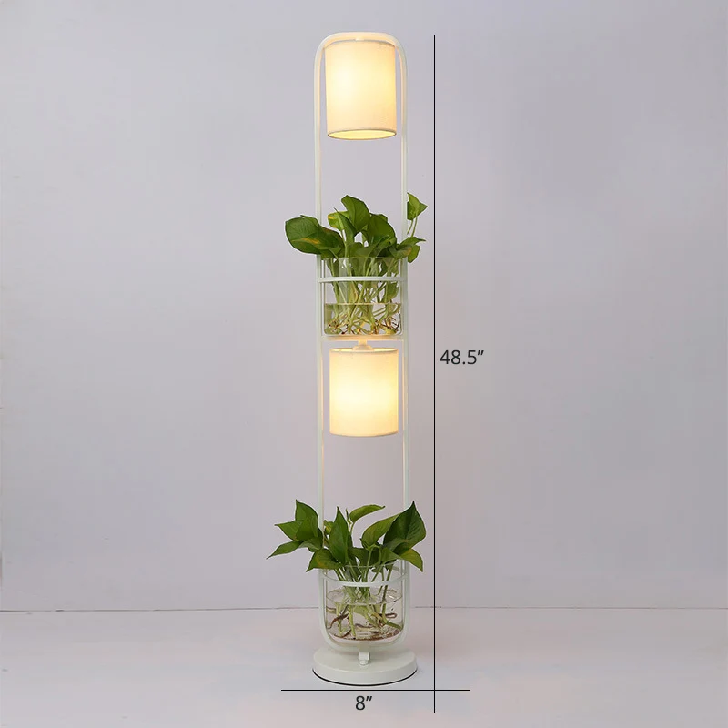 Lampada da terra cilindrica tessuto Lampada da terra moderna 2 teste con vaso per piante vetro con 6 Mesi di Garanzia