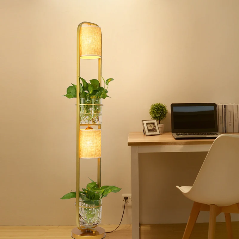 Lampada da terra cilindrica tessuto Lampada da terra moderna 2 teste con vaso per piante vetro con 6 Mesi di Garanzia