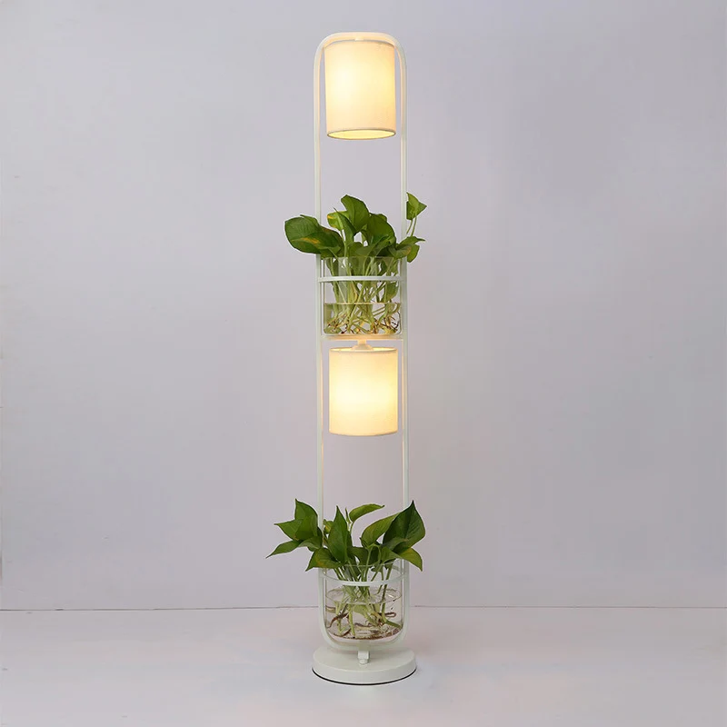 Lampada da terra cilindrica tessuto Lampada da terra moderna 2 teste con vaso per piante vetro con 6 Mesi di Garanzia