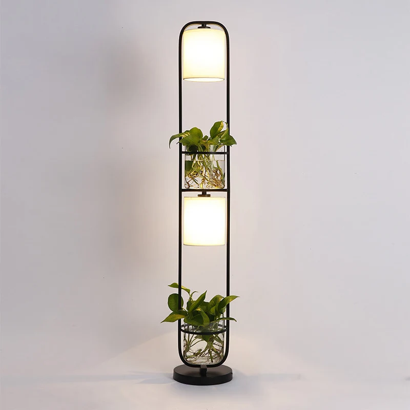 Lampada da terra cilindrica tessuto Lampada da terra moderna 2 teste con vaso per piante vetro con 6 Mesi di Garanzia