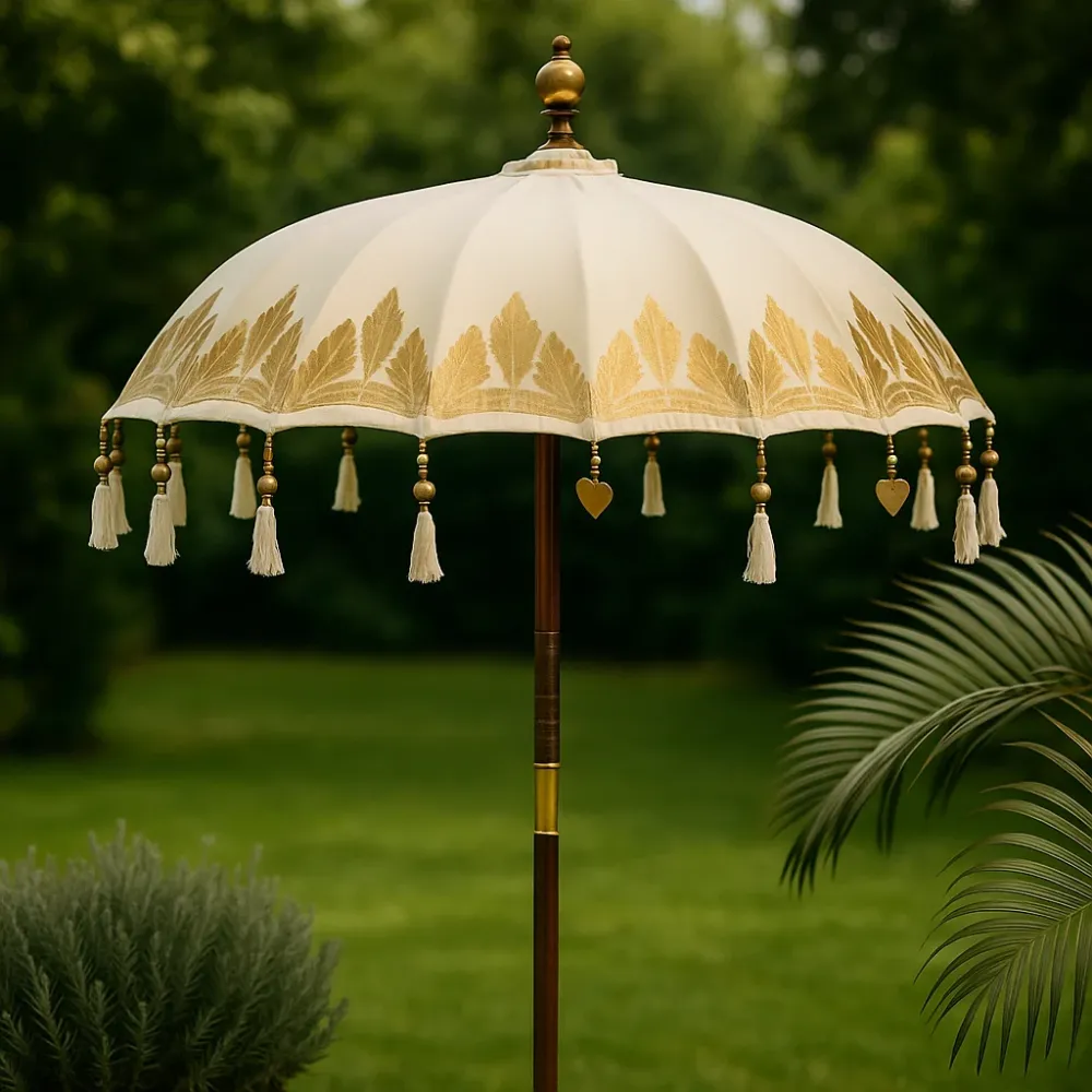 Ombrellone da giardino 2m tela motivi foglia d'oro Bali