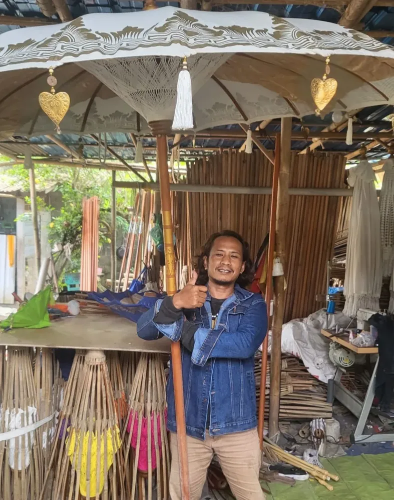 Ombrellone da giardino 2m tela motivi foglia d'oro Bali