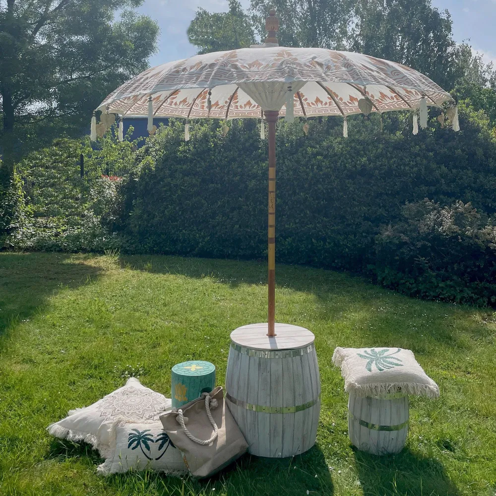 Ombrellone da giardino 2m tela motivi foglia d'oro Bali