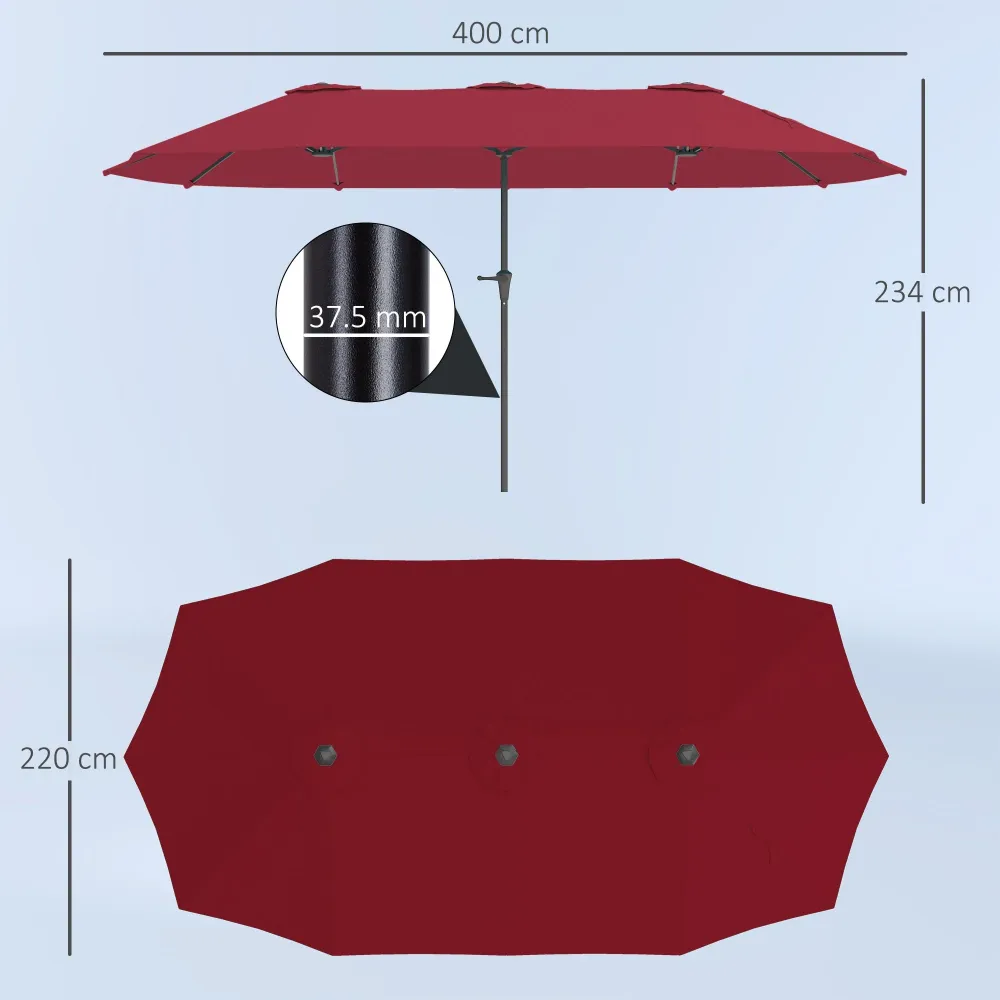 Ombrellone Doppio da Giardino 400x220x234H cm con Prese d'Aria e Manovella Nero e Rosso