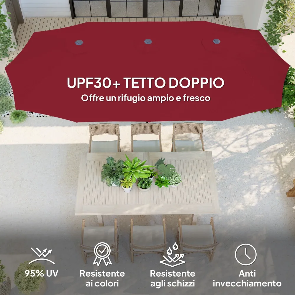 Ombrellone Doppio da Giardino 400x220x234H cm con Prese d'Aria e Manovella Nero e Rosso