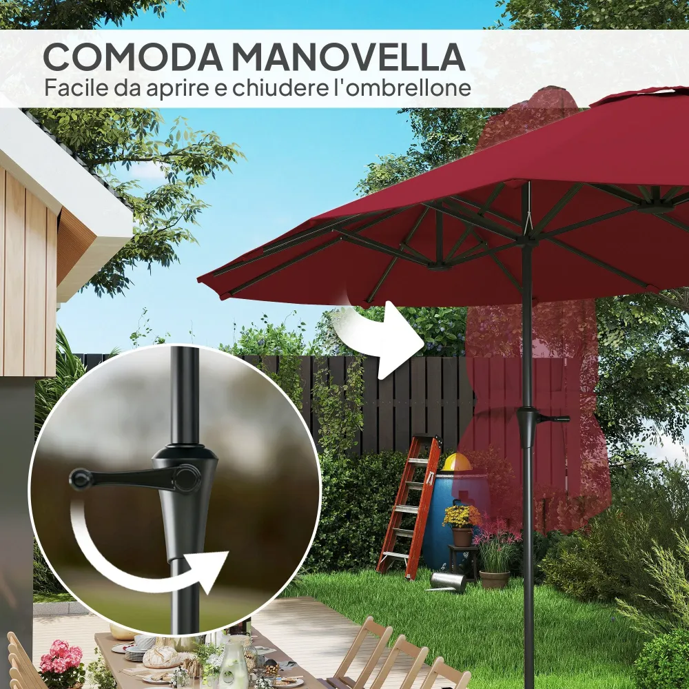 Ombrellone Doppio da Giardino 400x220x234H cm con Prese d'Aria e Manovella Nero e Rosso