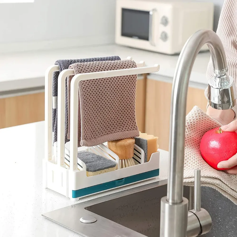 Organizer per lavello da cucina 3 supporti stabili per strofinacci da cucina più contenitore con cassettino per l'acqua ch...