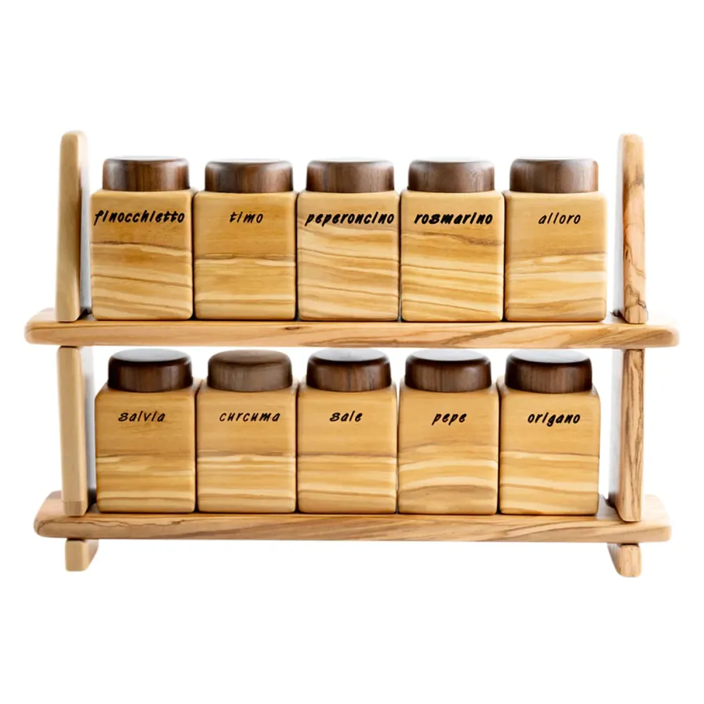Set di contenitori legno per spezie da 10 pezzi con supporto, ulivo e noce