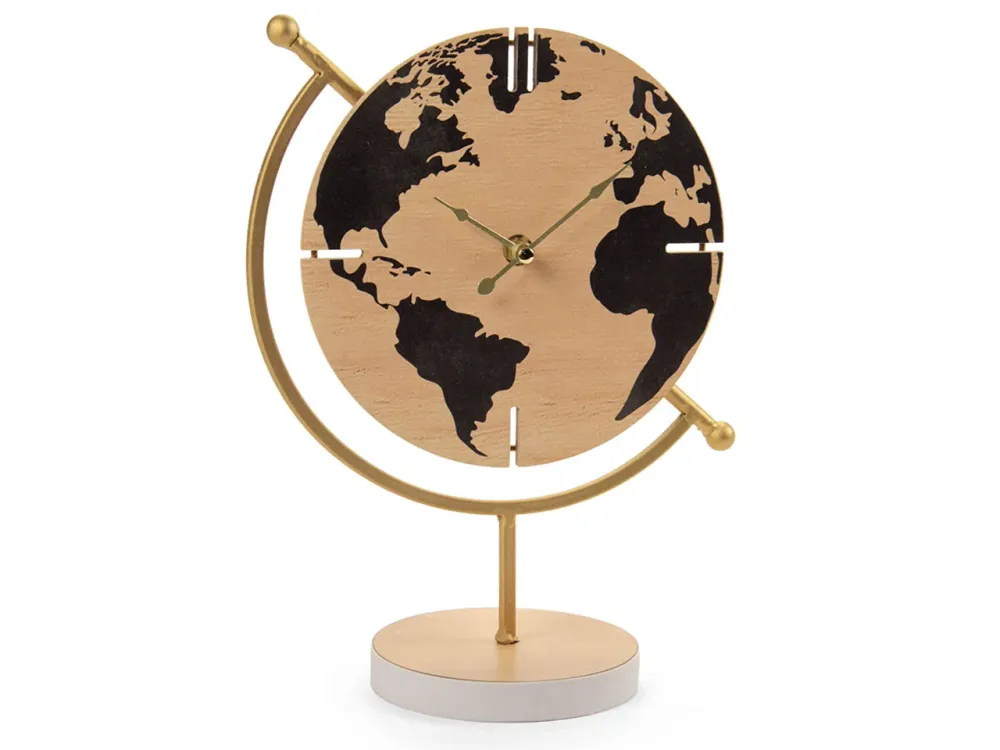 Orologio da tavolo industrial multicolor legno e metallo con stampa digitale planisfero analogico batteria, 20x30,5 cm - G...