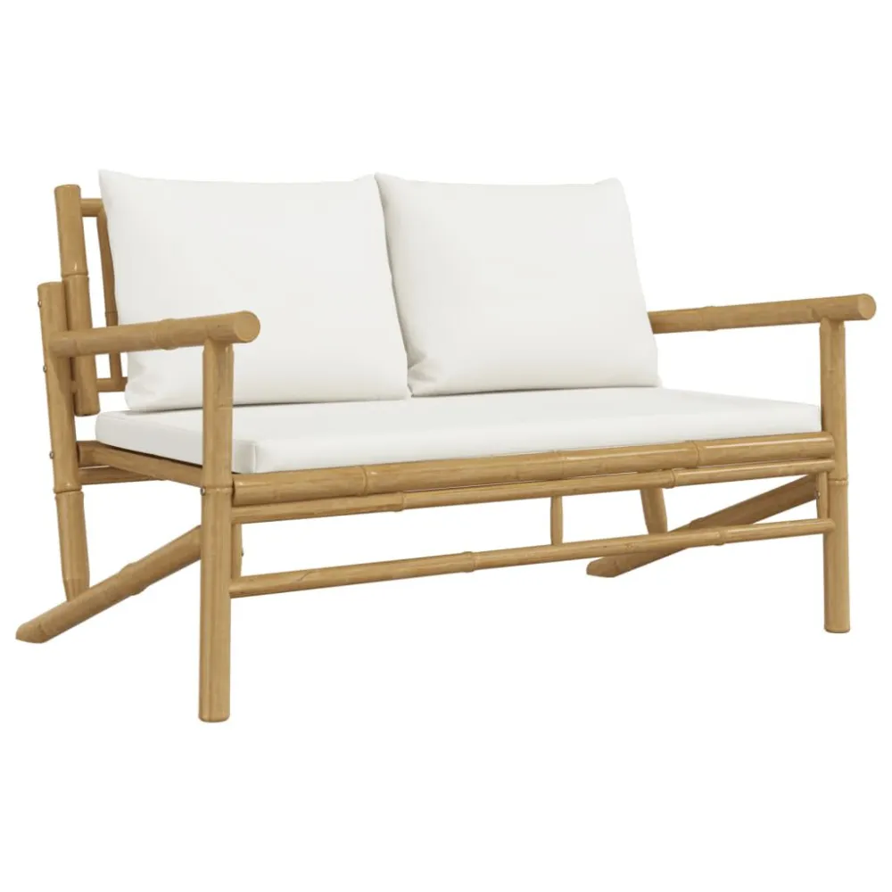 Panca da Giardino con Cuscini Bianco Crema Bambù Easy Assembly