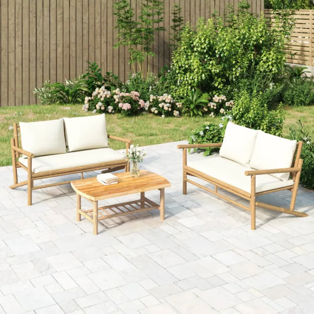 Panca da Giardino con Cuscini Bianco Crema Bambù Easy Assembly