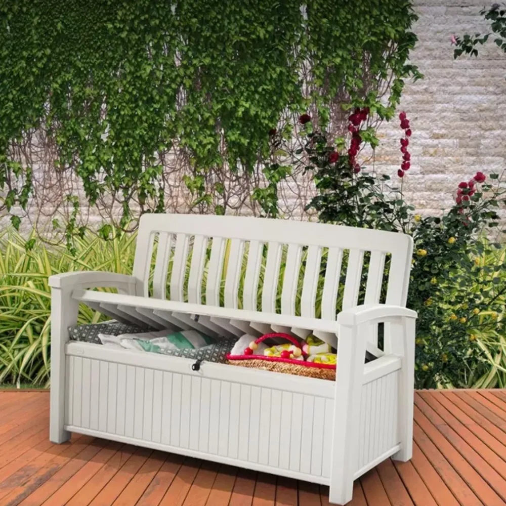 Panchina da giardino contenitore "Patio" da esterno effetto legno cm 132,7x61,2 89h con Cuscino Integrato