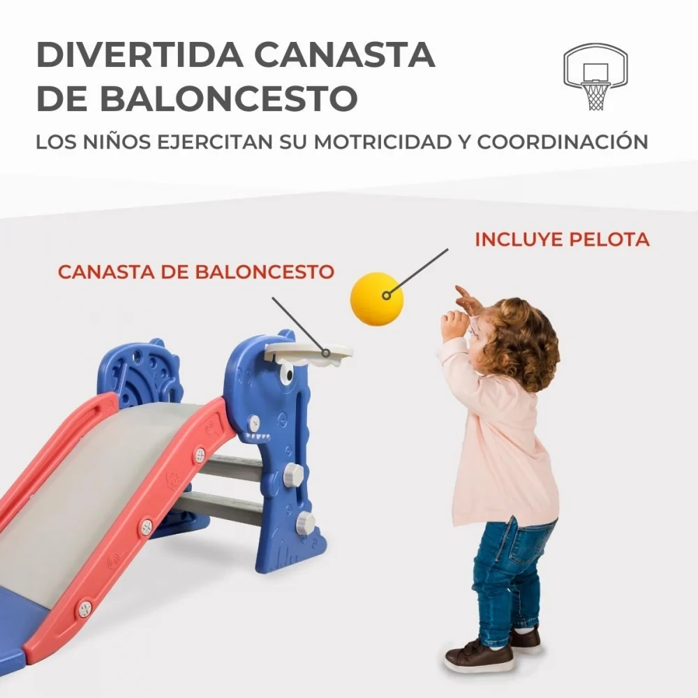 Scivolo per bambini | Pieghevole | Con cestino e palla | Bordi arrotondati | Gradini antiscivolo | Max. 35 kg | Blu | Dino