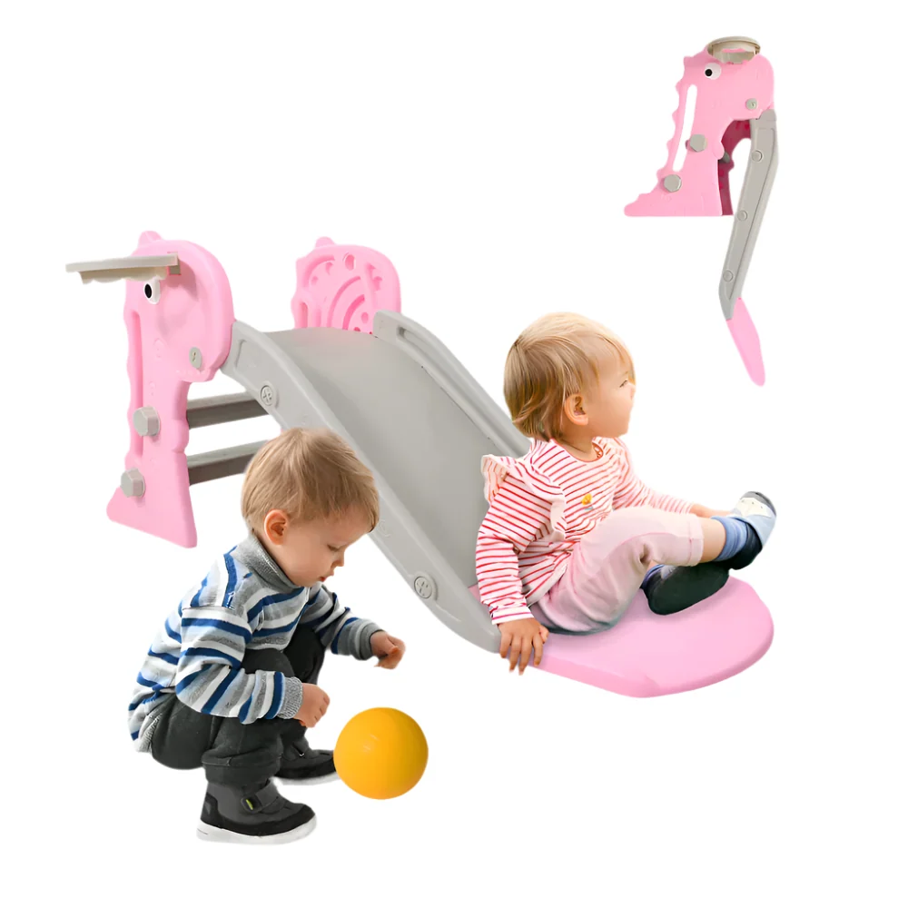 Scivolo per bambini | Pieghevole | Con cestino e palla | Bordi arrotondati | Gradini antiscivolo | Max. 35kg | Rosa | Dino