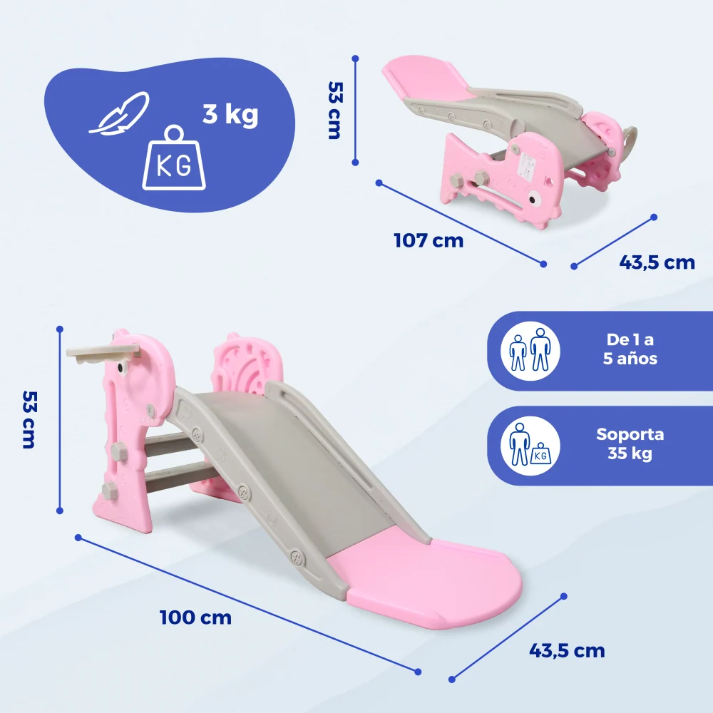 Scivolo per bambini | Pieghevole | Con cestino e palla | Bordi arrotondati | Gradini antiscivolo | Max. 35kg | Rosa | Dino