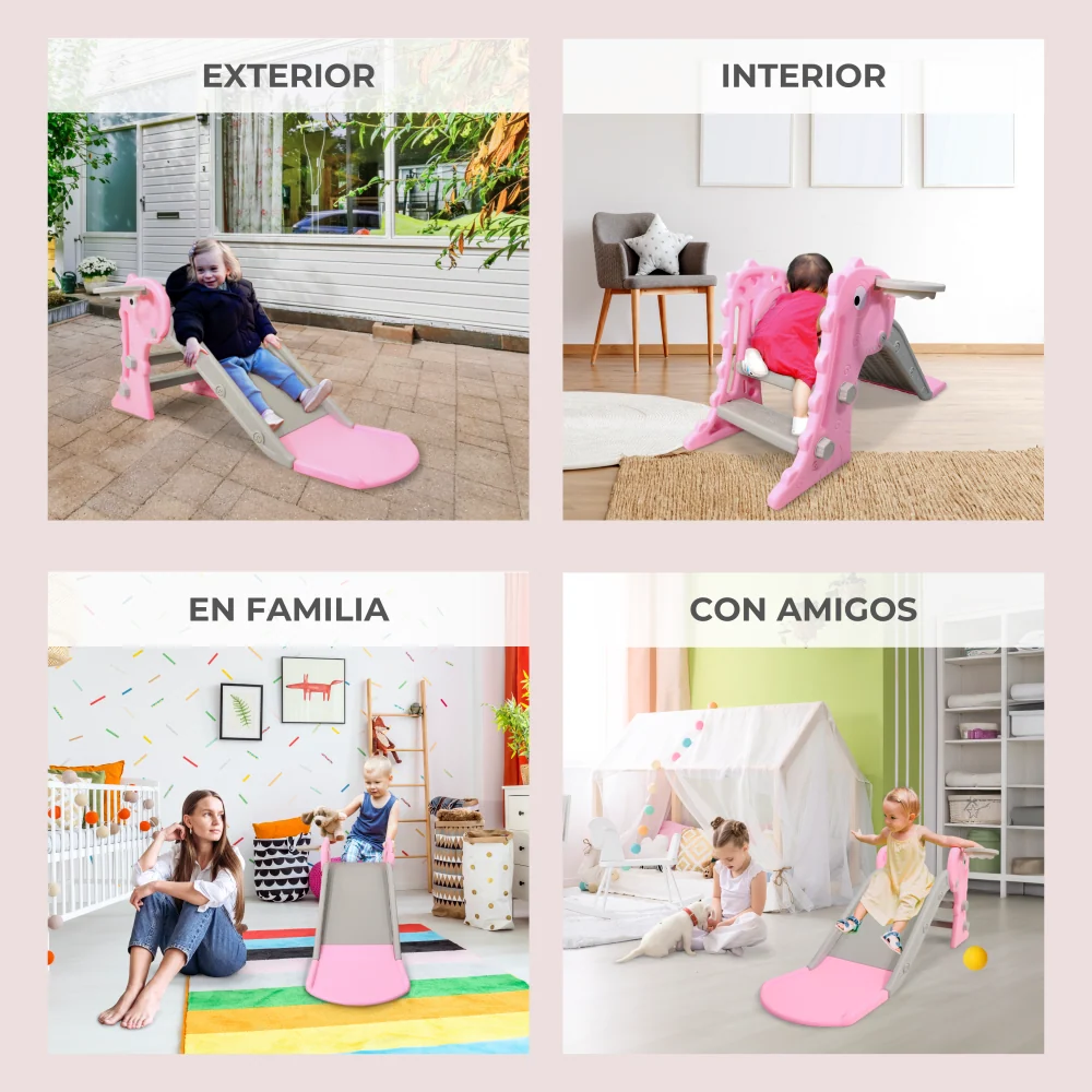 Scivolo per bambini | Pieghevole | Con cestino e palla | Bordi arrotondati | Gradini antiscivolo | Max. 35kg | Rosa | Dino