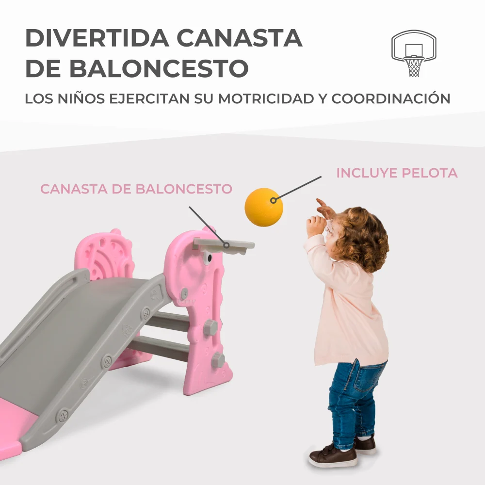 Scivolo per bambini | Pieghevole | Con cestino e palla | Bordi arrotondati | Gradini antiscivolo | Max. 35kg | Rosa | Dino
