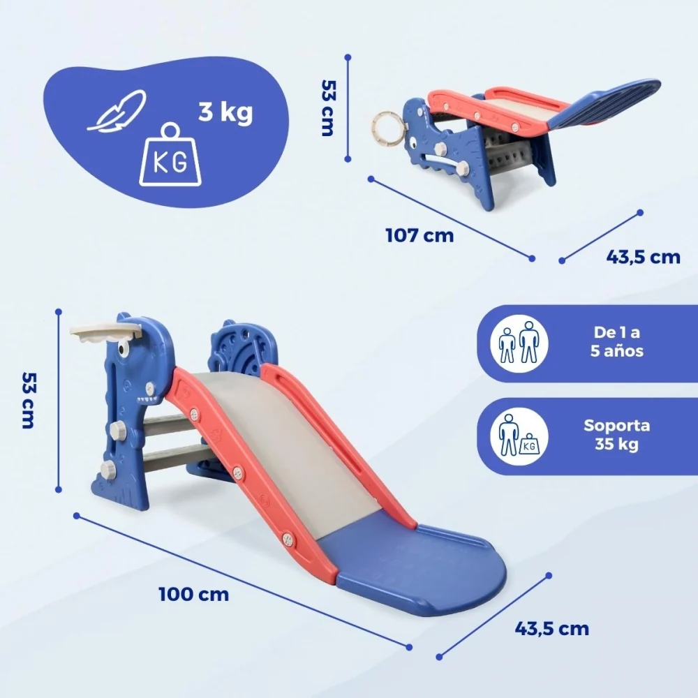 Scivolo per bambini | Pieghevole | Con cestino e palla | Bordi arrotondati | Gradini antiscivolo | Max. 35 kg | Blu | Dino