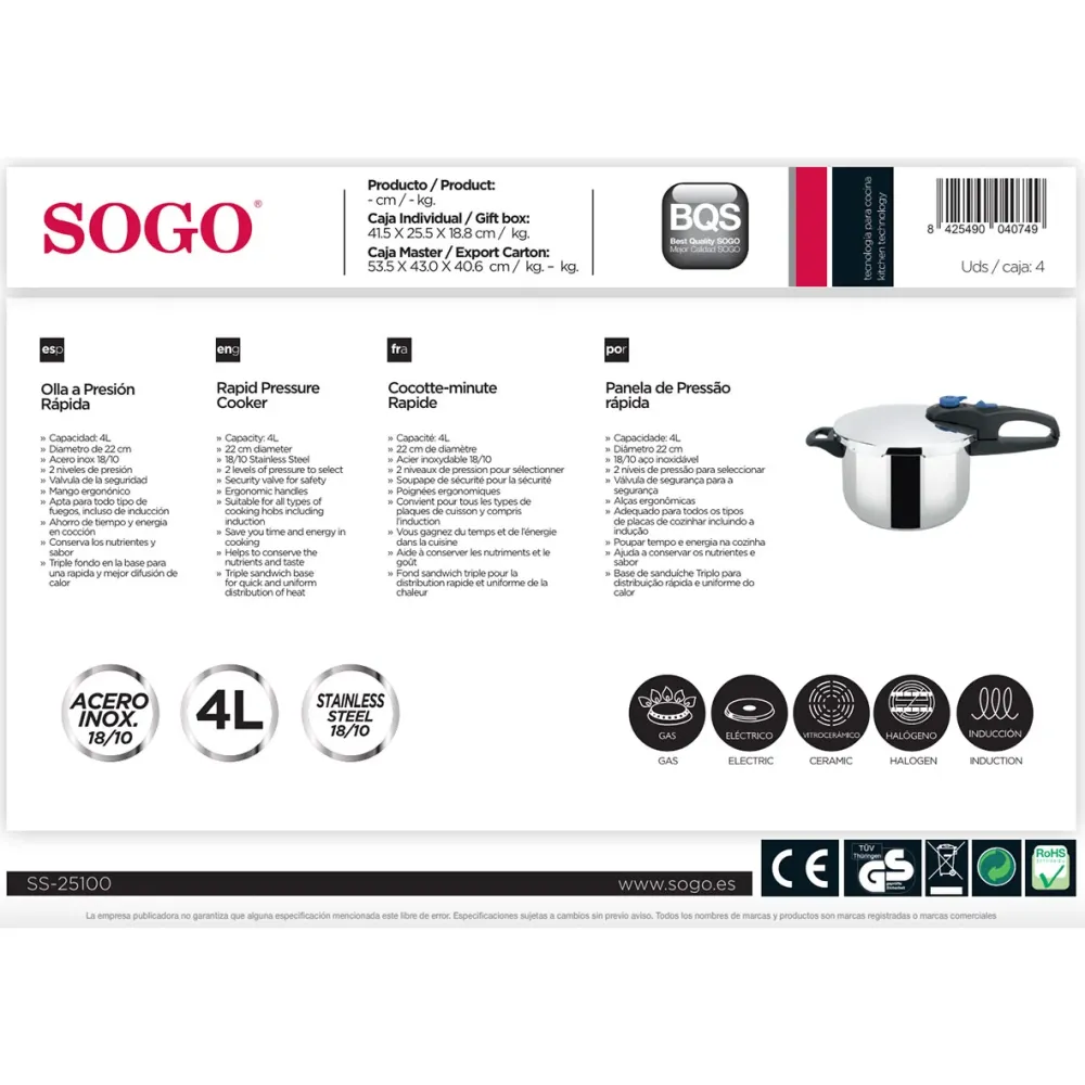 SOGO - OLL-SS-25100 - Pentola pressione Inox - 4 litri - 22 cm