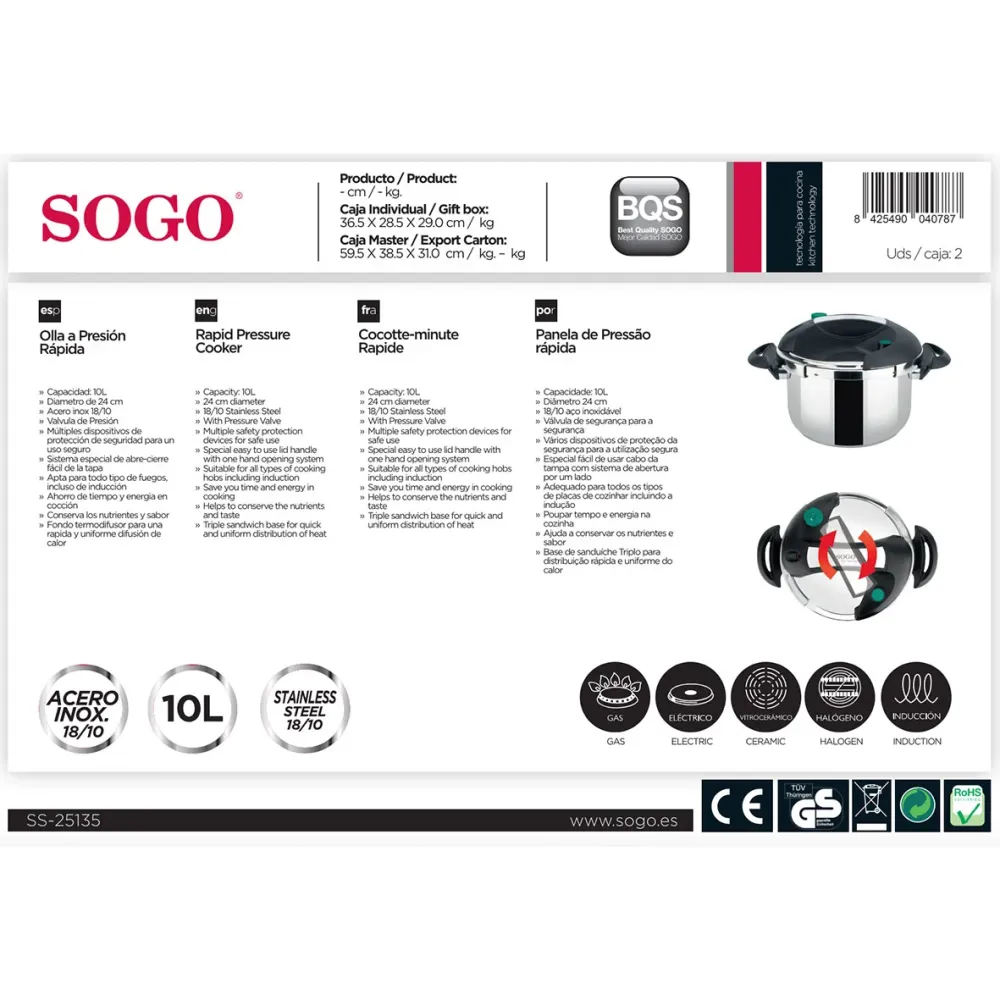 SOGO - OLL-SS-25135 - Pentola pressione - Inox 10 L - 24 cm
