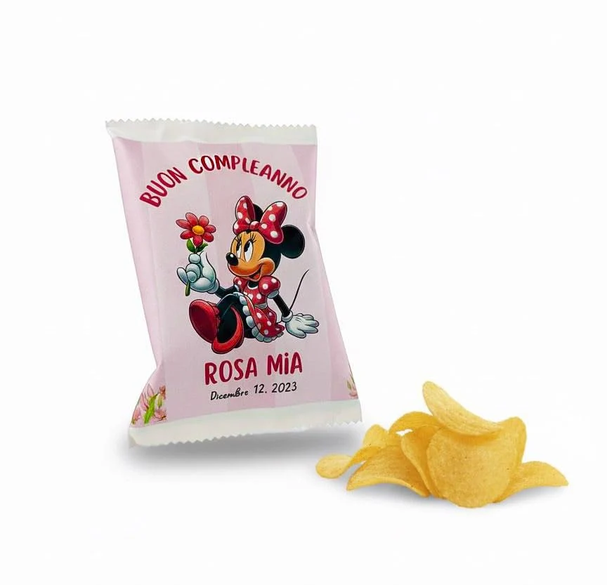 Carpe Diem Shop Sacchetti di Patatine Personalizzabili, Kit Party per Compleanno, 10 Bustine da 25g, Tema Disney Minnie, R...