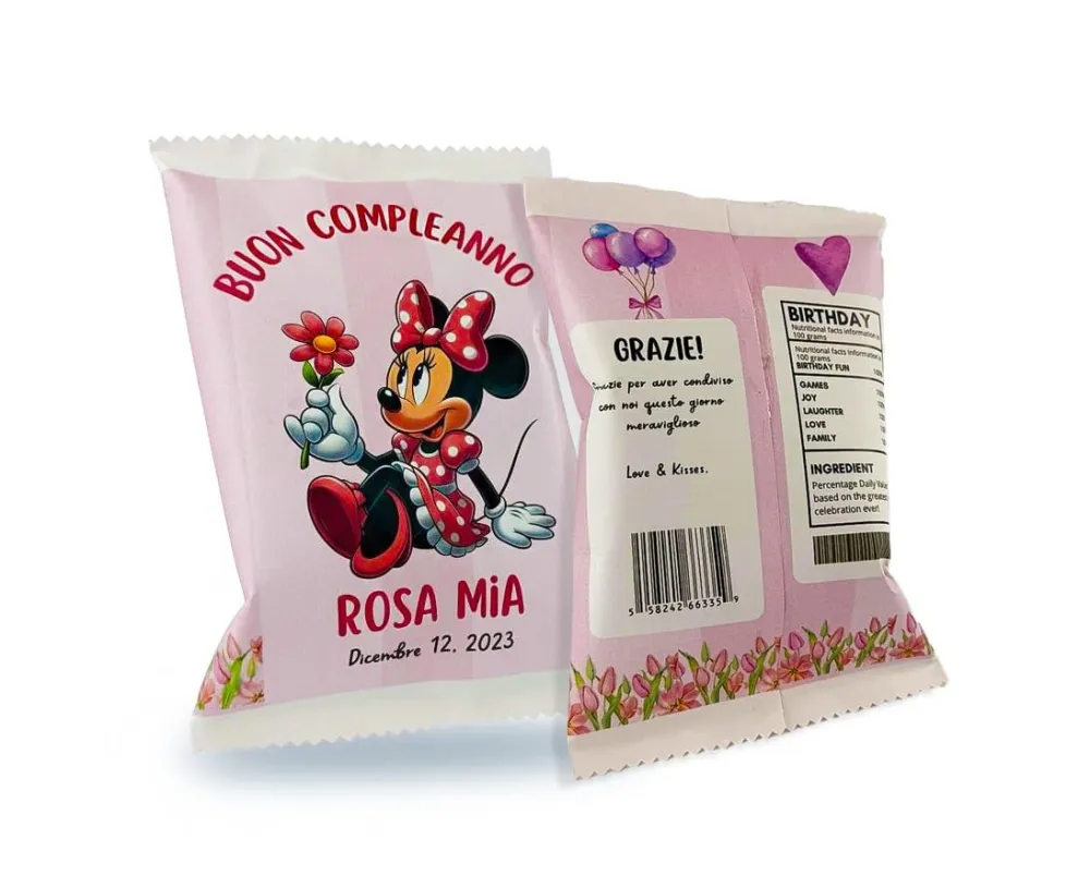 Carpe Diem Shop Sacchetti di Patatine Personalizzabili, Kit Party per Compleanno, 10 Bustine da 25g, Tema Disney Minnie, R...