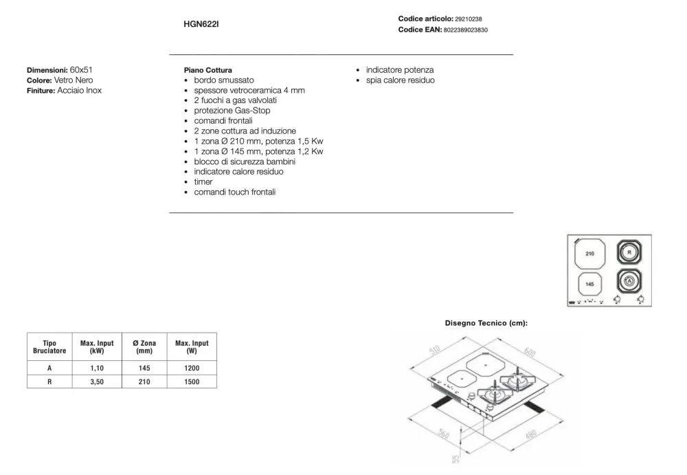 Piano cottura gas induzione - HGN622I DIONE - Piano Cottura Misto - 2 zone Induzione e 2 fuochi gas