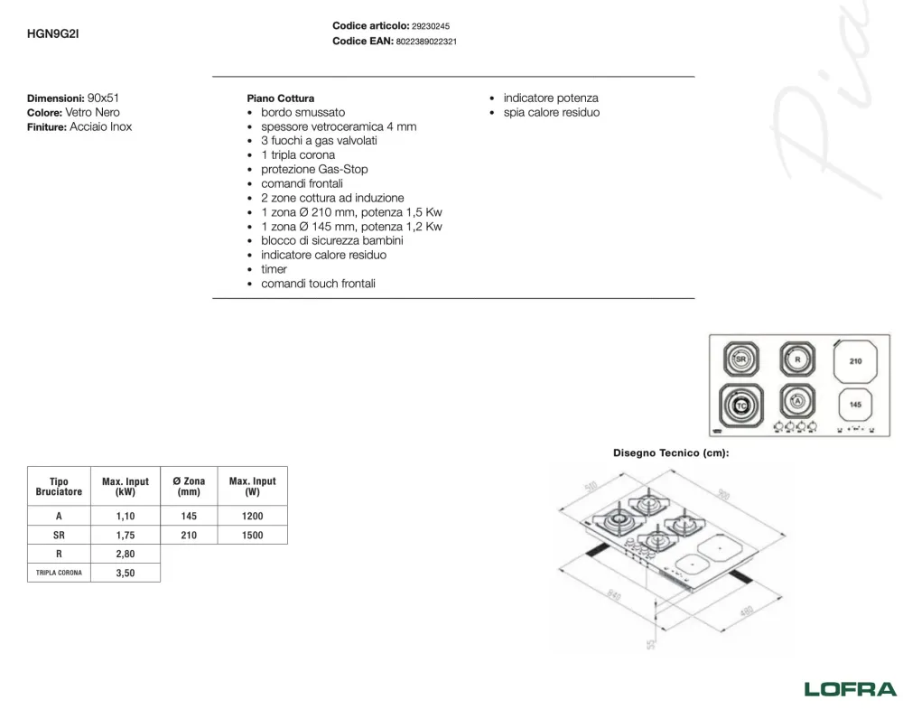 Piano Cottura Misto Gas Induzione da 90 cmLofra- HGN9G2I - Piano Cottura Induzione Offerta