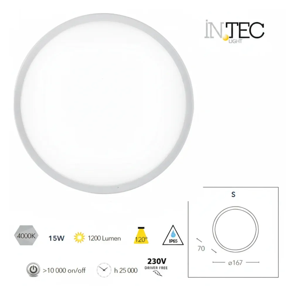 LED-EVER-S BCO Plafoniera led bianca 15W 1200LM 4000K IP65 16,7X7,2CM Intec