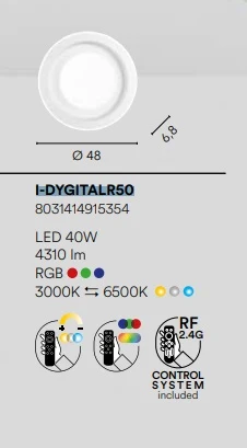 FANEUROPE Plafoniera Rotonda RGB LED 40W 4315 lm con struttura metallo e acrilico bianco, I-DYGITALR50