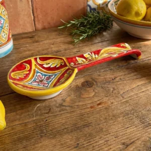 Poggiamestolo Ceramica Siciliana di Caltagirone Decorato Mano Artigianalmente Rombo Rosso