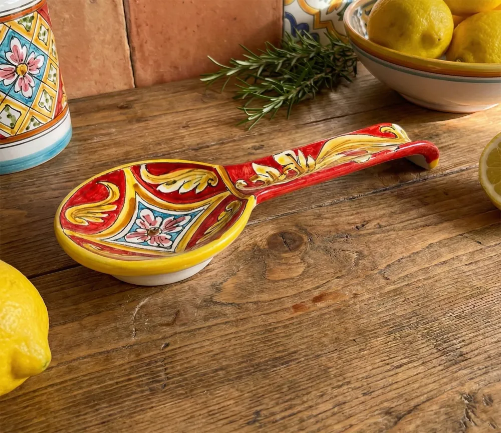 Poggiamestolo Ceramica Siciliana di Caltagirone Decorato Mano Artigianalmente Rombo Rosso