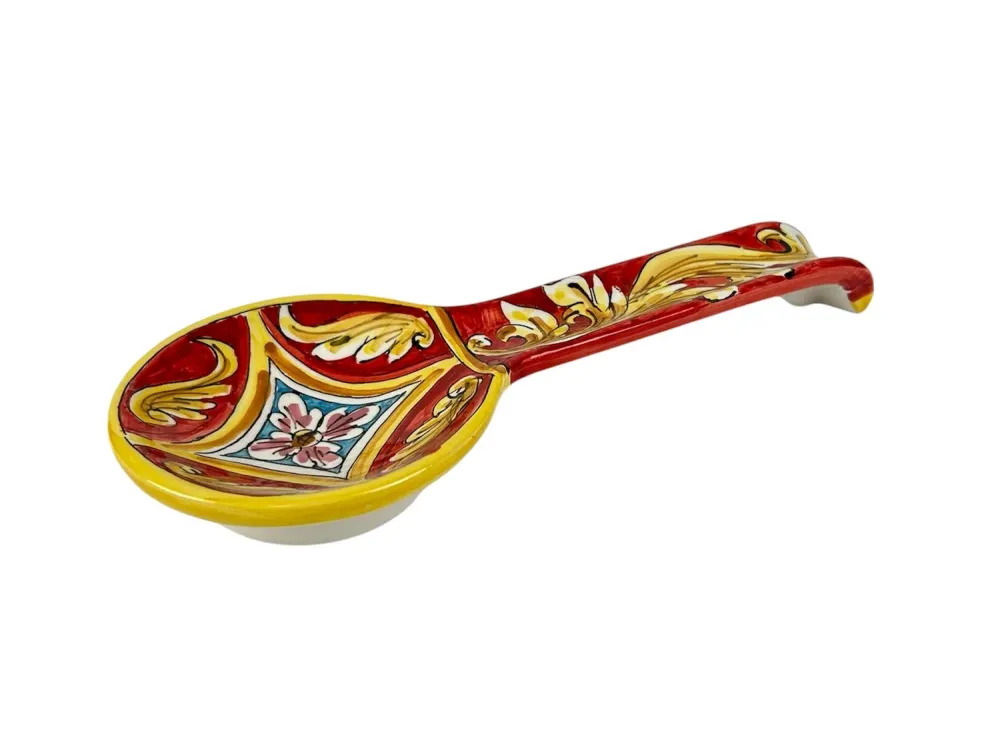 Poggiamestolo Ceramica Siciliana di Caltagirone Decorato Mano Artigianalmente Rombo Rosso