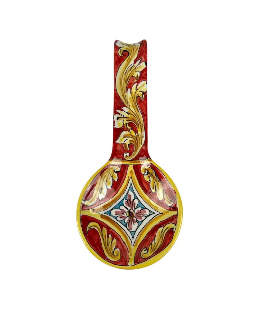 Poggiamestolo Ceramica Siciliana di Caltagirone Decorato Mano Artigianalmente Rombo Rosso