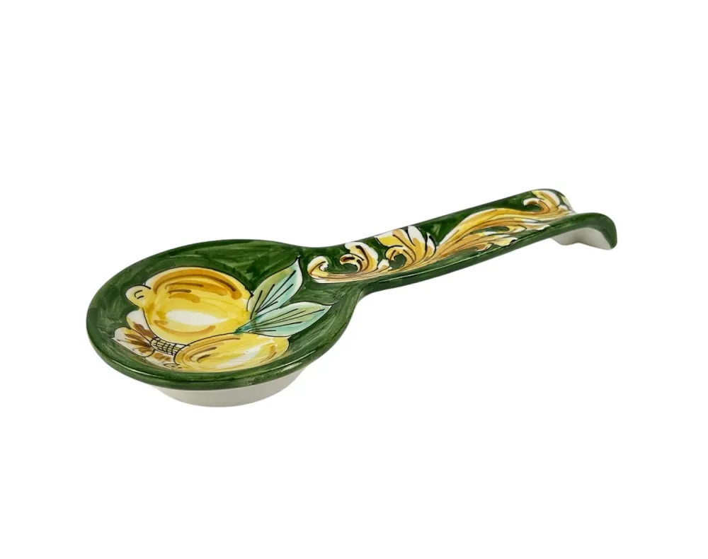 Poggiamestolo Ceramica Siciliana di Caltagirone Decorato Mano Artigianalmente Limoni Verde