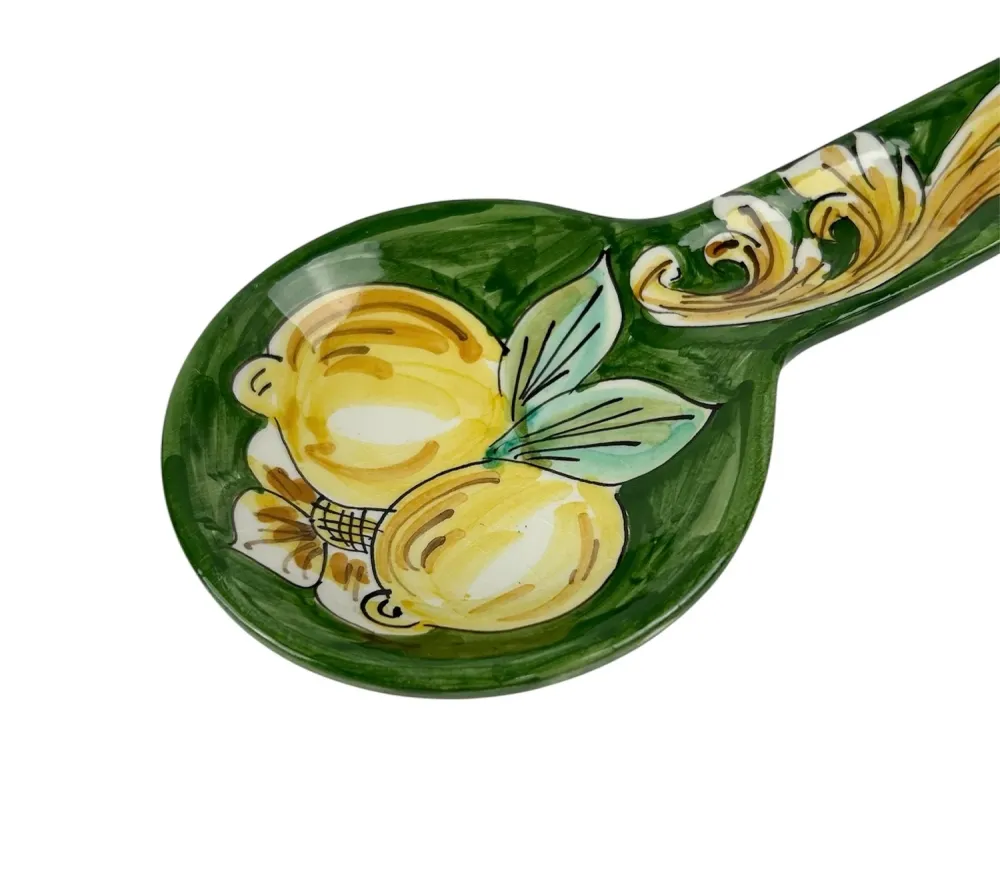 Poggiamestolo Ceramica Siciliana di Caltagirone Decorato Mano Artigianalmente Limoni Verde