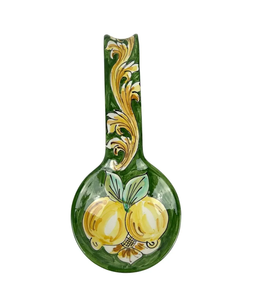 Poggiamestolo Ceramica Siciliana di Caltagirone Decorato Mano Artigianalmente Limoni Verde