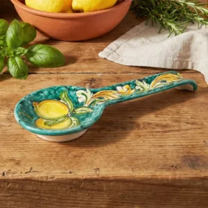 Poggiamestolo Ceramica Siciliana di Caltagirone Decorato Mano Artigianalmente Limoni Turchese
