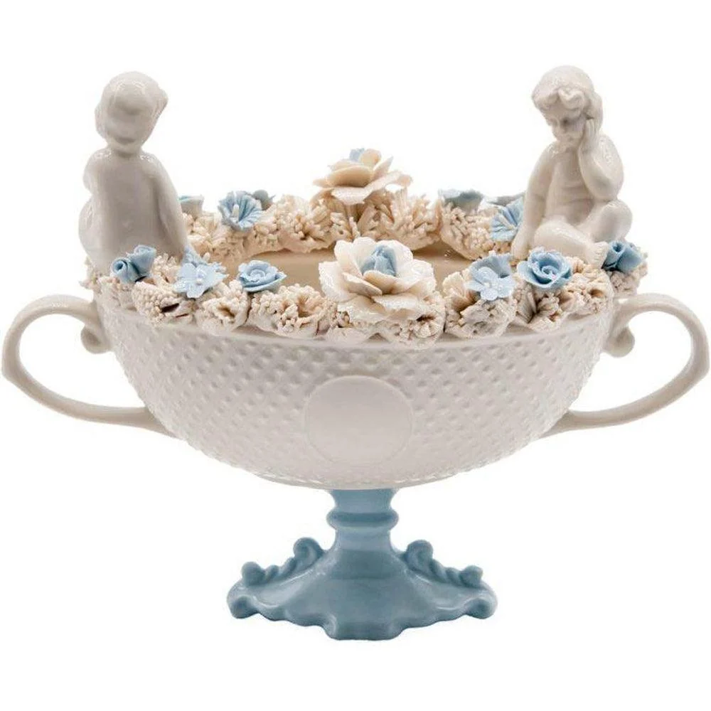 Coppa porcellana di Capodimonte con fiori blu ed angeli