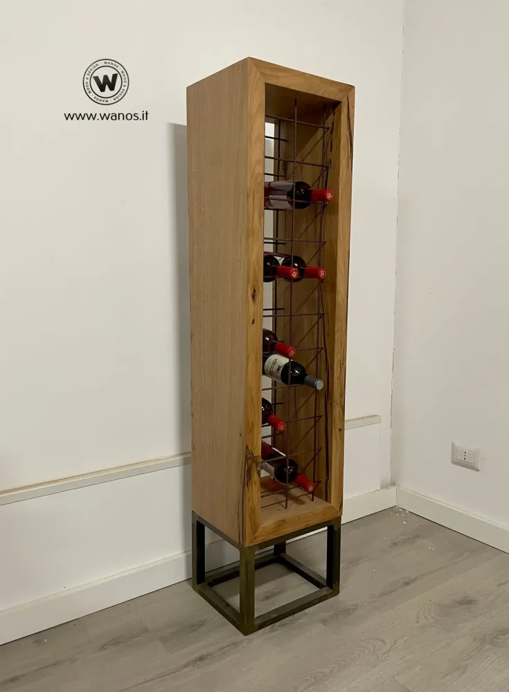 Portabottiglie di design da terra “Iron-Wood” legno massello di rovere su base ferro corten