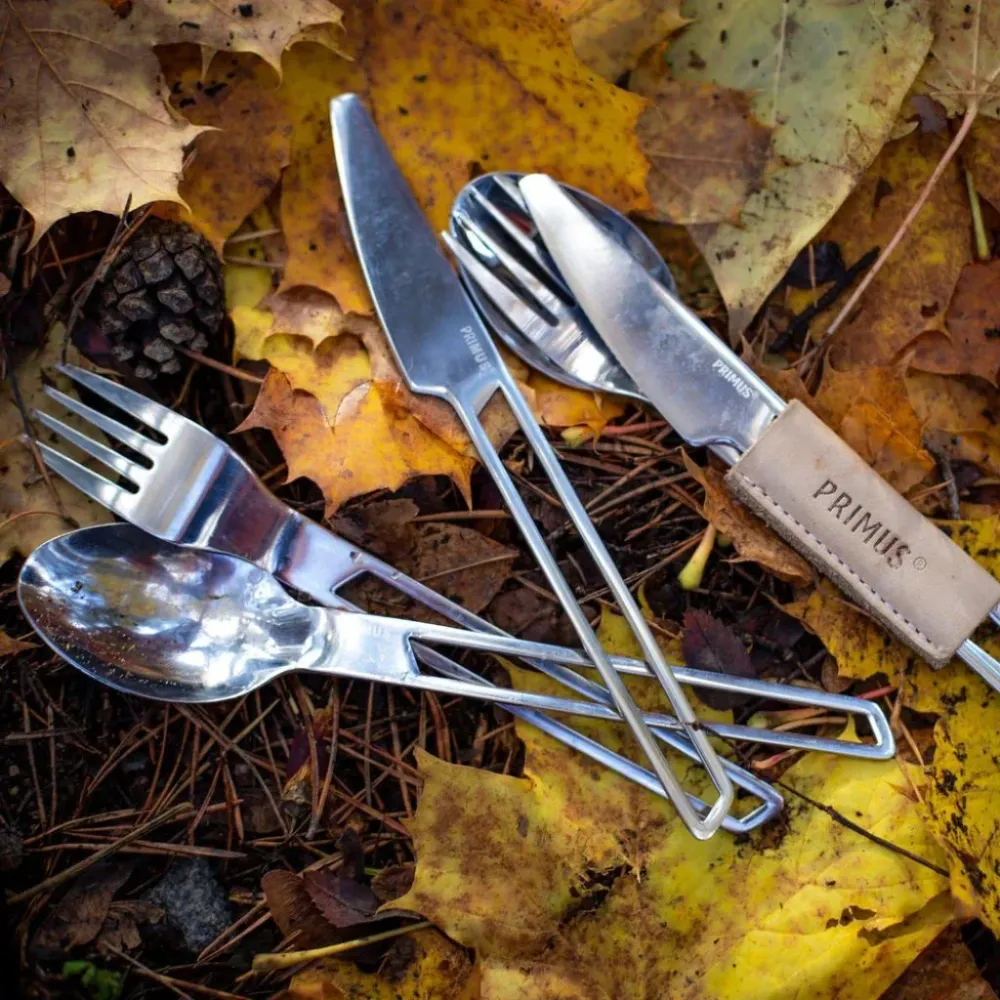 Kit di posate da campeggio Primus Campfire acciaio inox con fascetta pelle