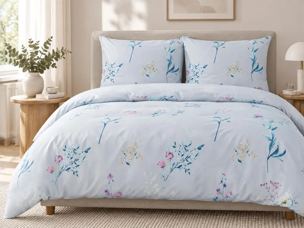 Cotton Sateen Duvet Cover Set Flower Pattern 155 x 220 cm Light Blue EVERGREEN