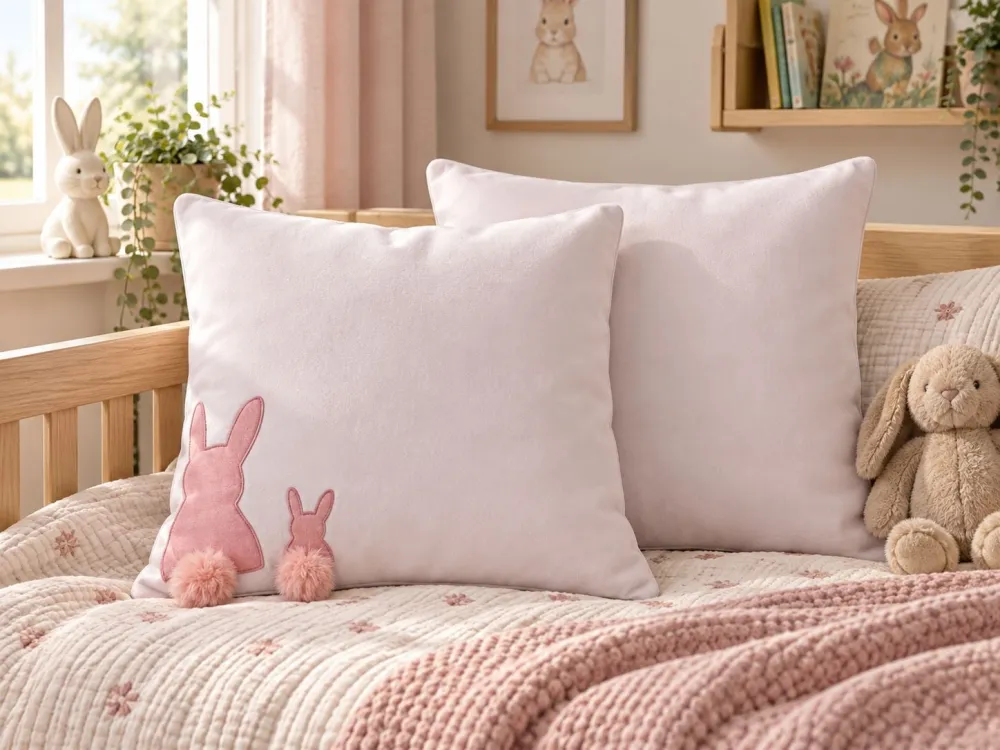 Set di 2 cuscini con stampa di conigli 45 x 45 cm bianco e rosa PHLOX