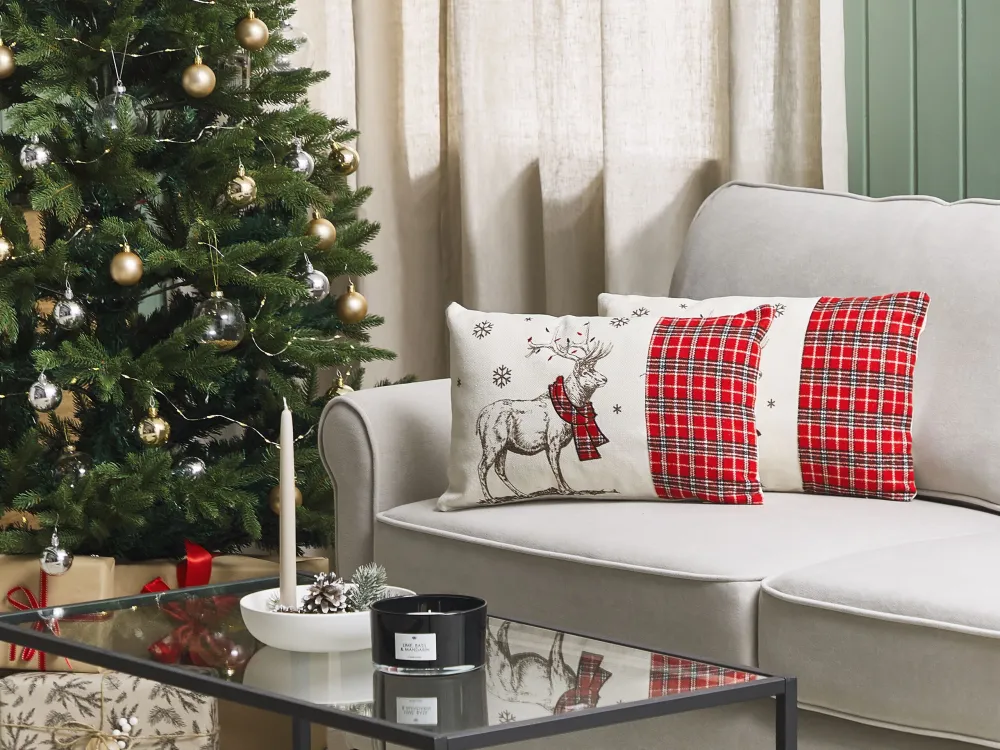Set di 2 cuscini decorativi con renne 30 x 50 cm bianco e rosso SVEN
