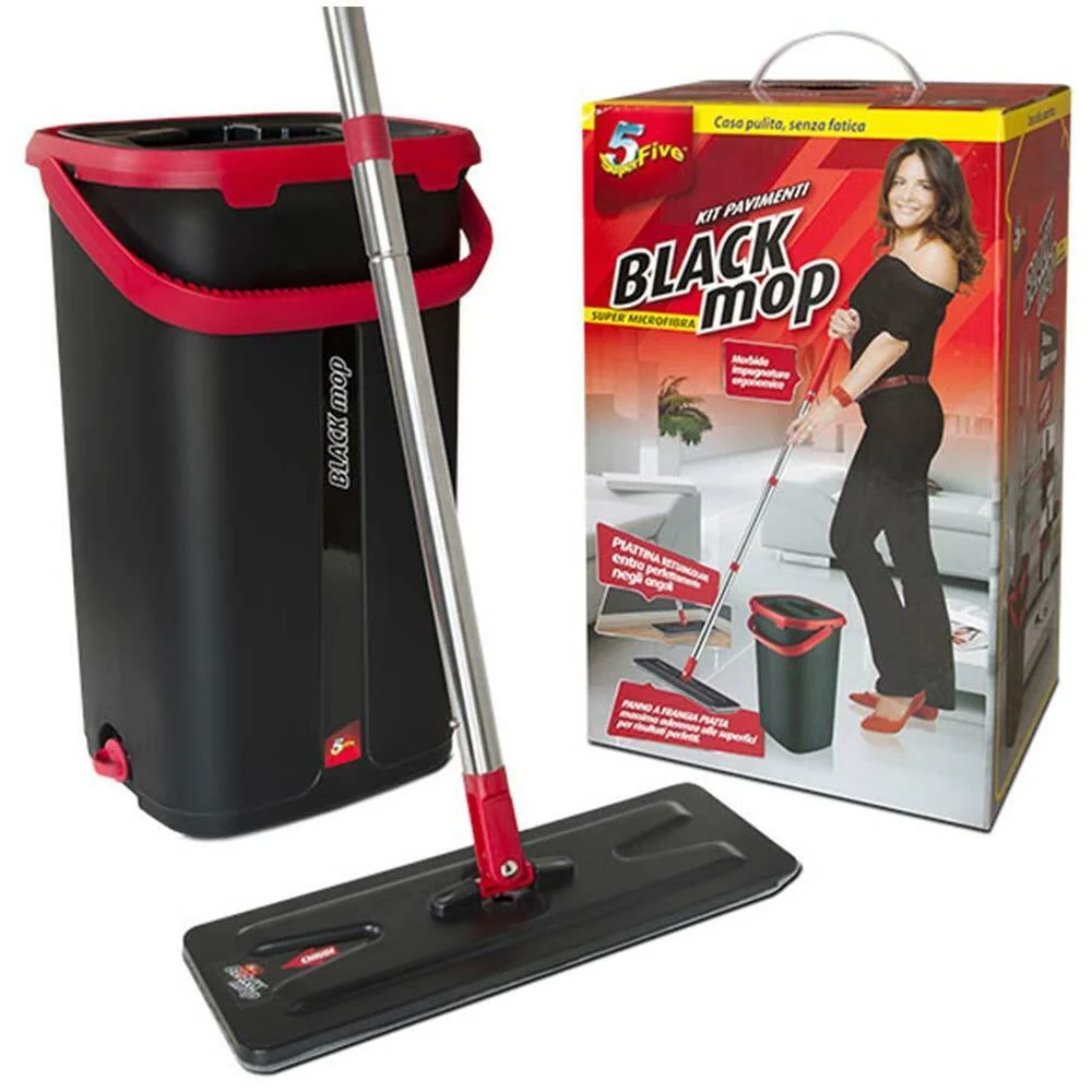 Superfive Black Mop Kit Lavapavimenti Con Sistema Lava e Asciuga Microfibra