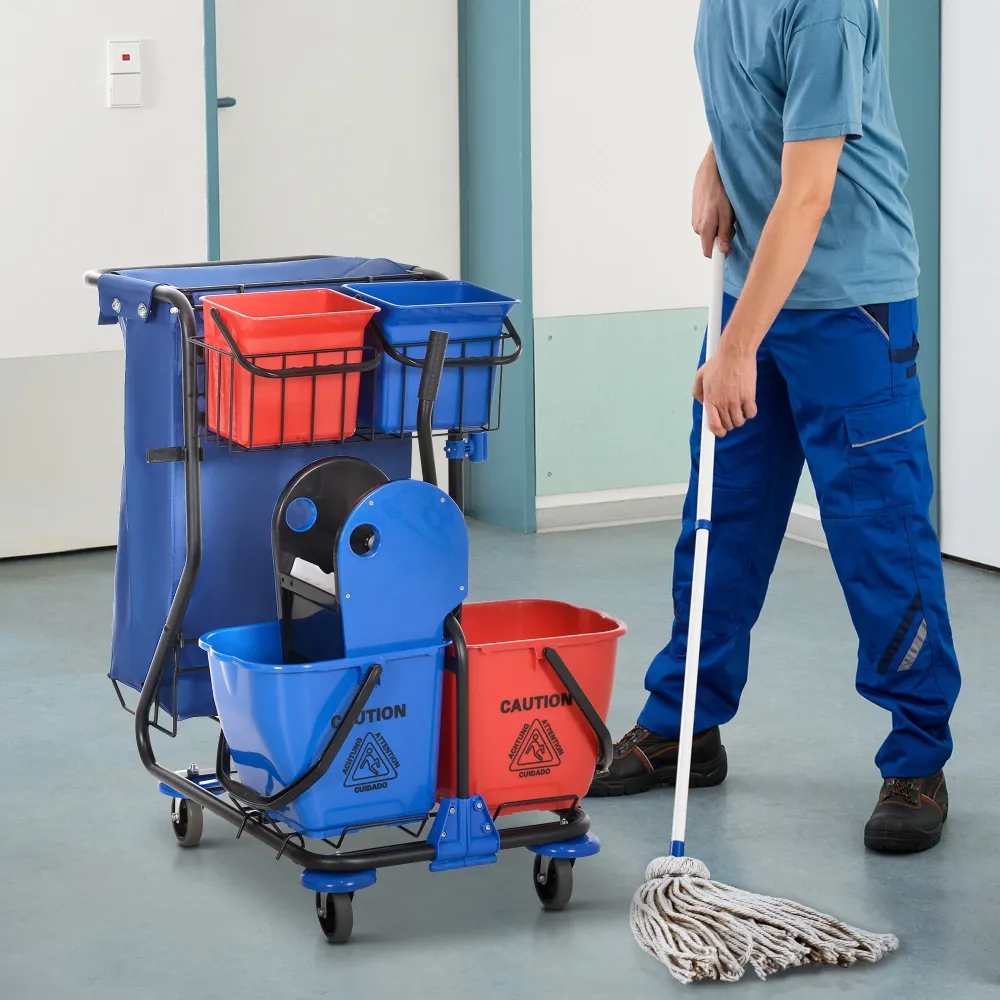 Carrello Pulizie Professionale 4 Secchi Strizzatore e Sacco Rosso Blu e Nero