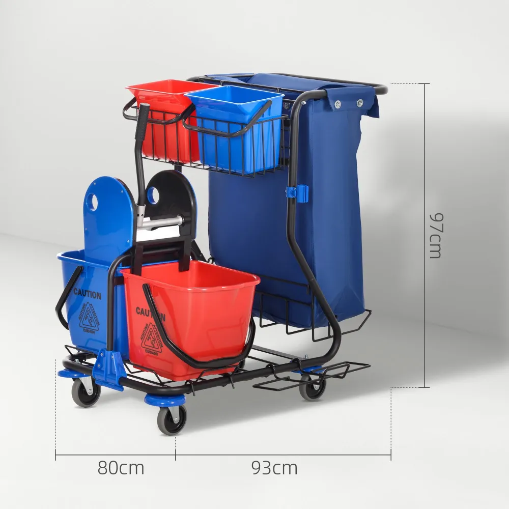 Carrello Pulizie Professionale 4 Secchi Strizzatore e Sacco Rosso Blu e Nero