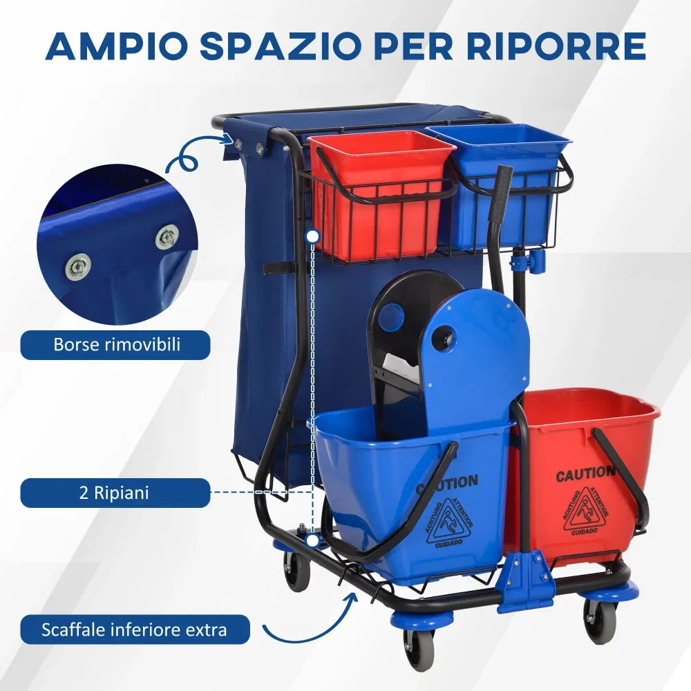 Carrello Pulizie Professionale 4 Secchi Strizzatore e Sacco Rosso Blu e Nero