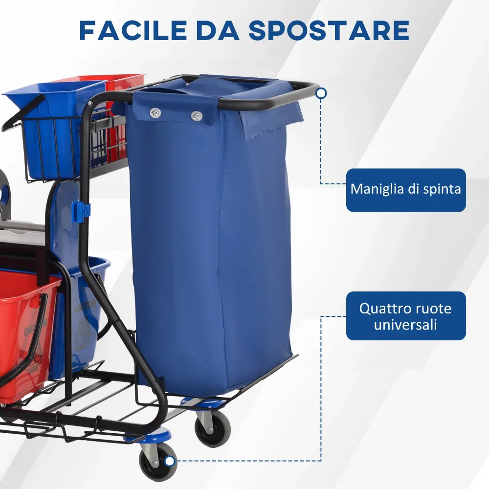 Carrello Pulizie Professionale 4 Secchi Strizzatore e Sacco Rosso Blu e Nero